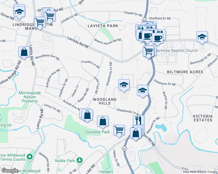 map of restaurants, bars, coffee shops, grocery stores, and more near 1117 Shepherds Lane Northeast in Atlanta