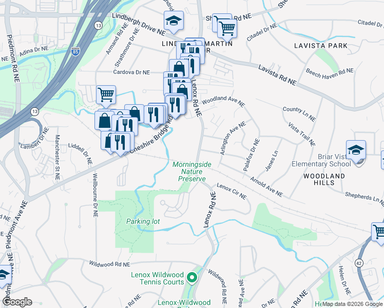 map of restaurants, bars, coffee shops, grocery stores, and more near 2070 Lenox Road Northeast in Atlanta
