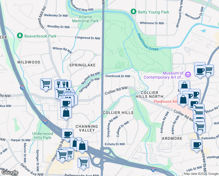 map of restaurants, bars, coffee shops, grocery stores, and more near 2060 Cottage Lane Northwest in Atlanta