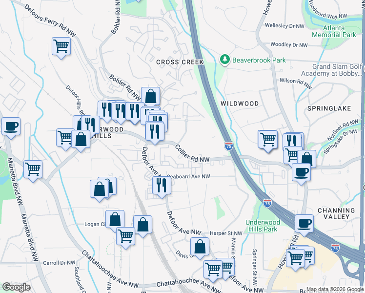 map of restaurants, bars, coffee shops, grocery stores, and more near 1101 Collier Road Northwest in Atlanta