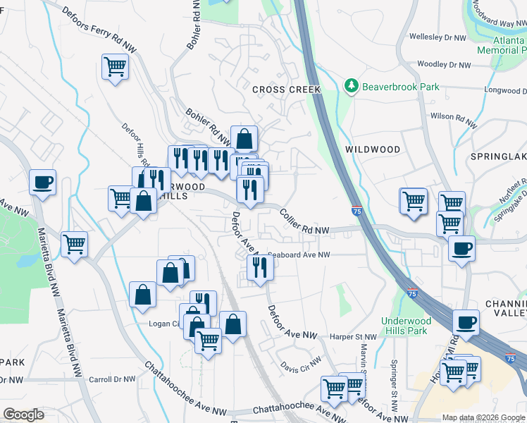 map of restaurants, bars, coffee shops, grocery stores, and more near 1175 Collier Road Northwest in Atlanta