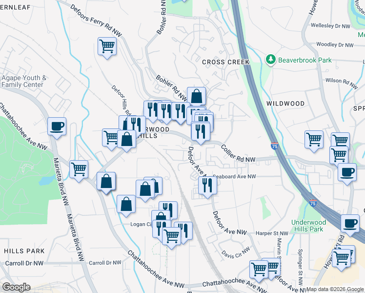 map of restaurants, bars, coffee shops, grocery stores, and more near 1212 Collier Road Northwest in Atlanta
