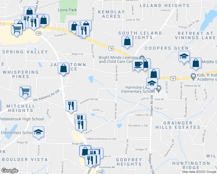 map of restaurants, bars, coffee shops, grocery stores, and more near 5851 Lone Oak Drive Southwest in Mableton