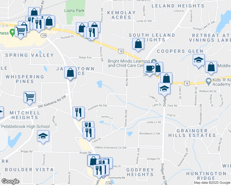 map of restaurants, bars, coffee shops, grocery stores, and more near 5851 Lone Oak Drive Southwest in Mableton