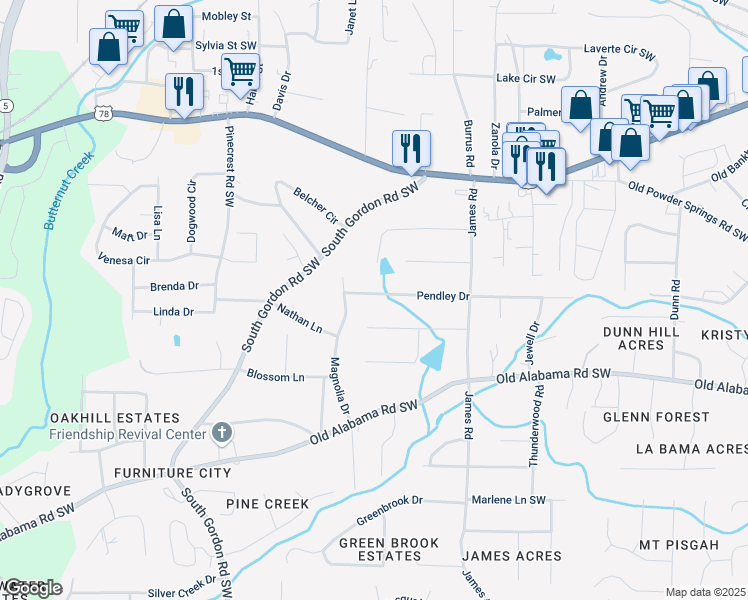 map of restaurants, bars, coffee shops, grocery stores, and more near 1641 Pendley Drive in Austell