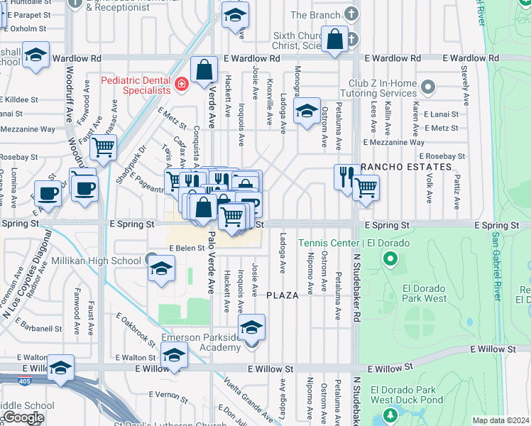 map of restaurants, bars, coffee shops, grocery stores, and more near 3015 Knoxville Avenue in Long Beach