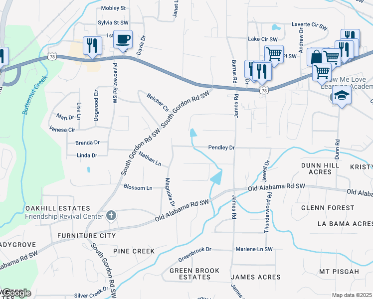 map of restaurants, bars, coffee shops, grocery stores, and more near 1641 Pendley Drive in Austell