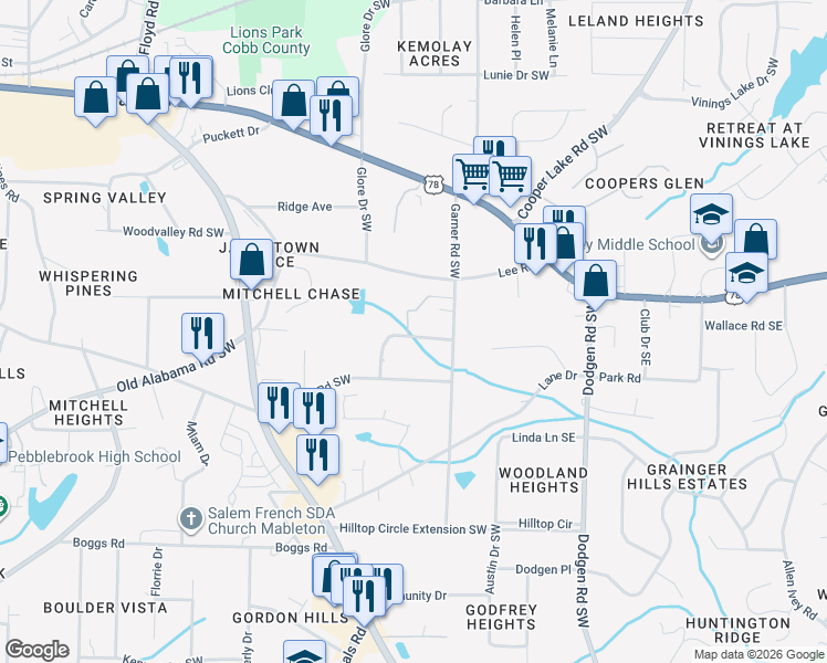 map of restaurants, bars, coffee shops, grocery stores, and more near 5851 Lone Oak Drive Southwest in Mableton