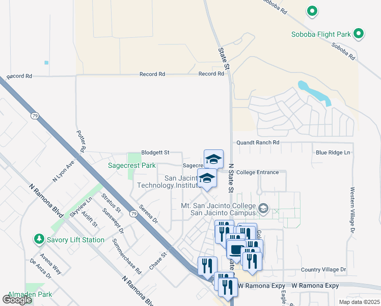 map of restaurants, bars, coffee shops, grocery stores, and more near 945 Tucson Court in San Jacinto