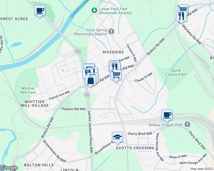 map of restaurants, bars, coffee shops, grocery stores, and more near 2599 Church Street Northwest in Atlanta