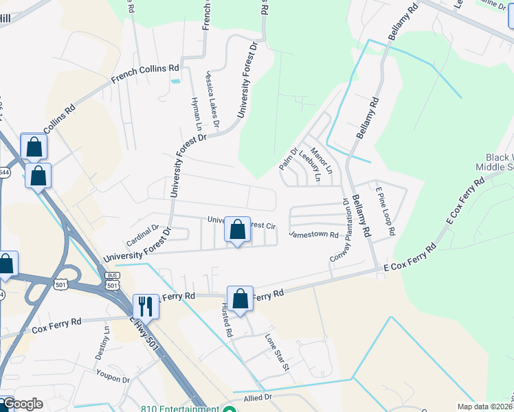 map of restaurants, bars, coffee shops, grocery stores, and more near 261 Palm Terrace Loop in Conway