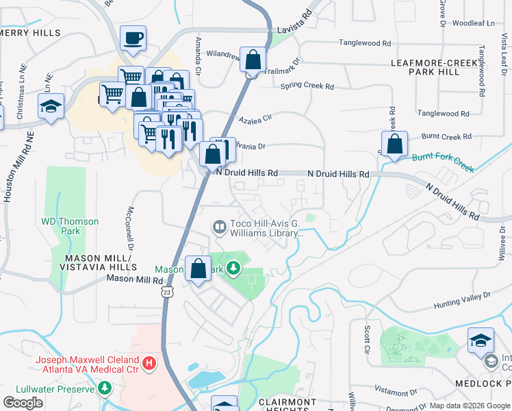map of restaurants, bars, coffee shops, grocery stores, and more near 1095 North Jamestown Road in Decatur