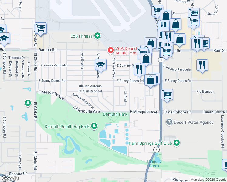 map of restaurants, bars, coffee shops, grocery stores, and more near Calle San Raphael in Palm Springs