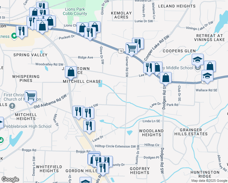 map of restaurants, bars, coffee shops, grocery stores, and more near 5919 Lone Oak Drive Southwest in Mableton