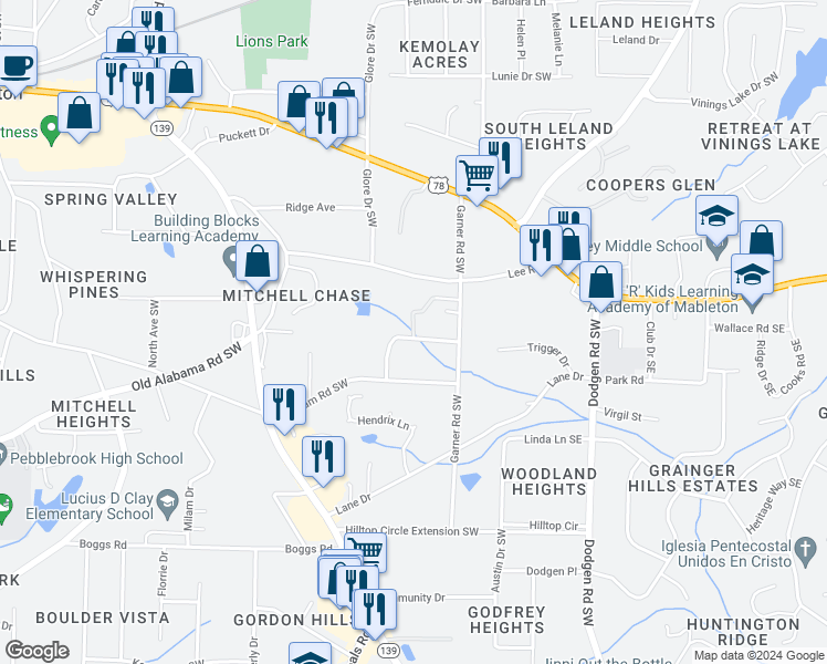 map of restaurants, bars, coffee shops, grocery stores, and more near 5917 Lone Oak Drive Southwest in Mableton