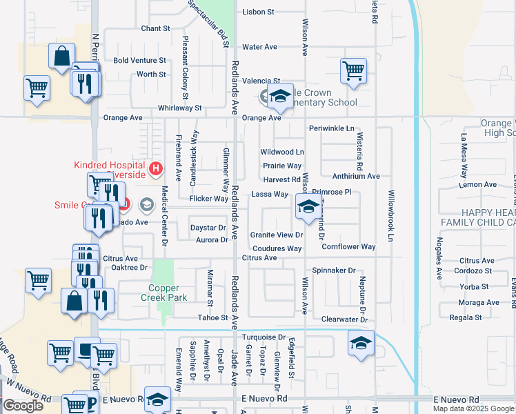 map of restaurants, bars, coffee shops, grocery stores, and more near 2138 Star Thistle Lane in Perris