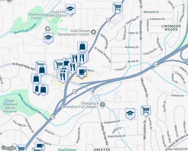 map of restaurants, bars, coffee shops, grocery stores, and more near 1909 Brian Way in Decatur