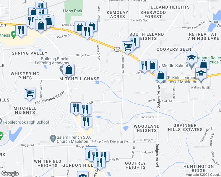 map of restaurants, bars, coffee shops, grocery stores, and more near 5909 Lone Oak Drive Southwest in Mableton