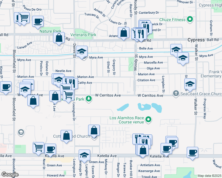 map of restaurants, bars, coffee shops, grocery stores, and more near 10469 Gregory Circle in Cypress