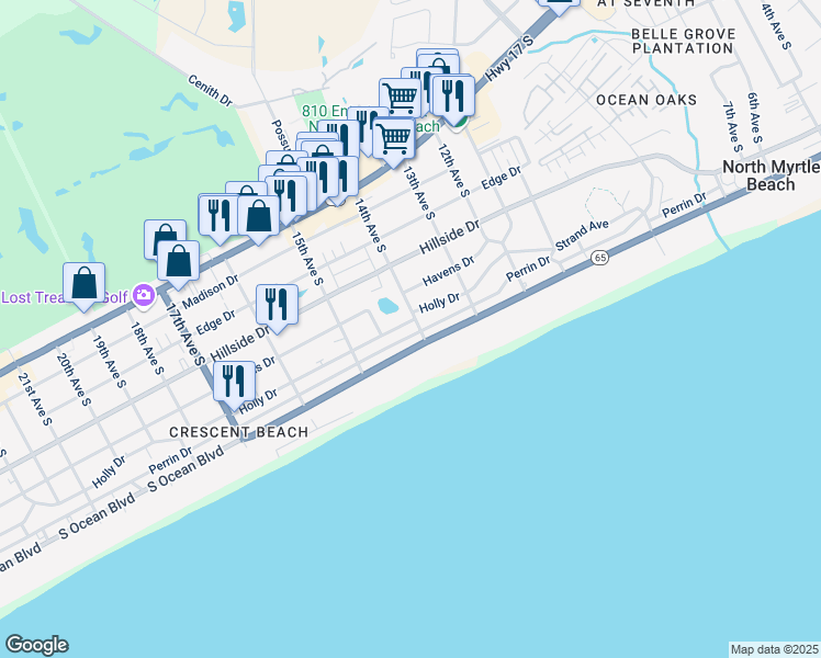 map of restaurants, bars, coffee shops, grocery stores, and more near 300 15th Avenue South in North Myrtle Beach