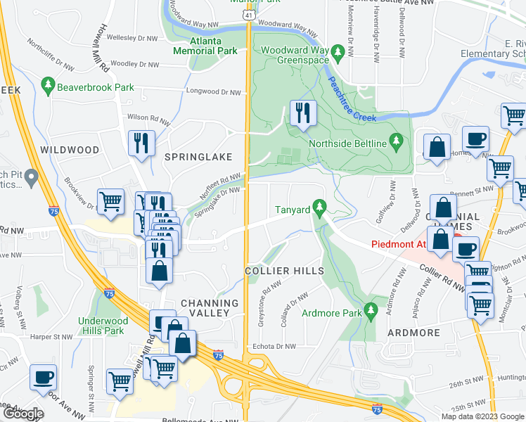 map of restaurants, bars, coffee shops, grocery stores, and more near 2060 Cottage Lane Northwest in Atlanta