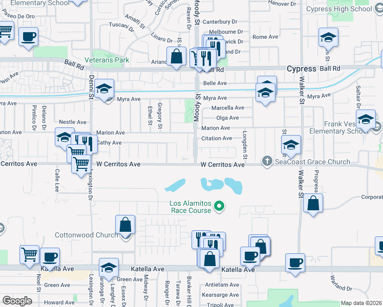 map of restaurants, bars, coffee shops, grocery stores, and more near 5019 Saratoga Avenue in Cypress