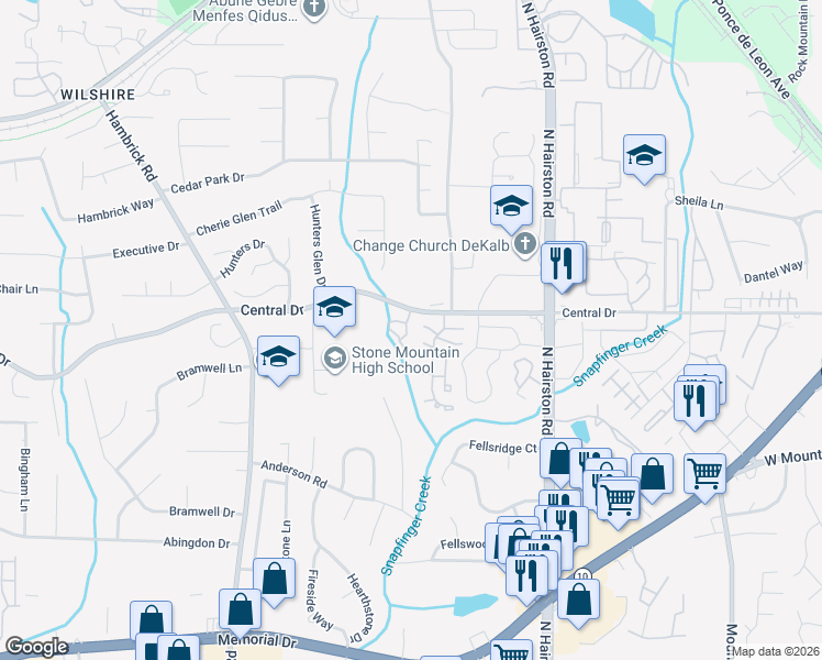 map of restaurants, bars, coffee shops, grocery stores, and more near 1119 Old Saybrook Court in Stone Mountain