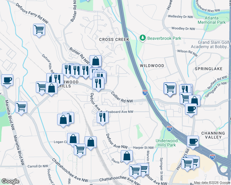 map of restaurants, bars, coffee shops, grocery stores, and more near 1101 Collier Road Northwest in Atlanta