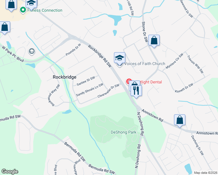 map of restaurants, bars, coffee shops, grocery stores, and more near 5149 Clearwater Drive Southwest in Stone Mountain