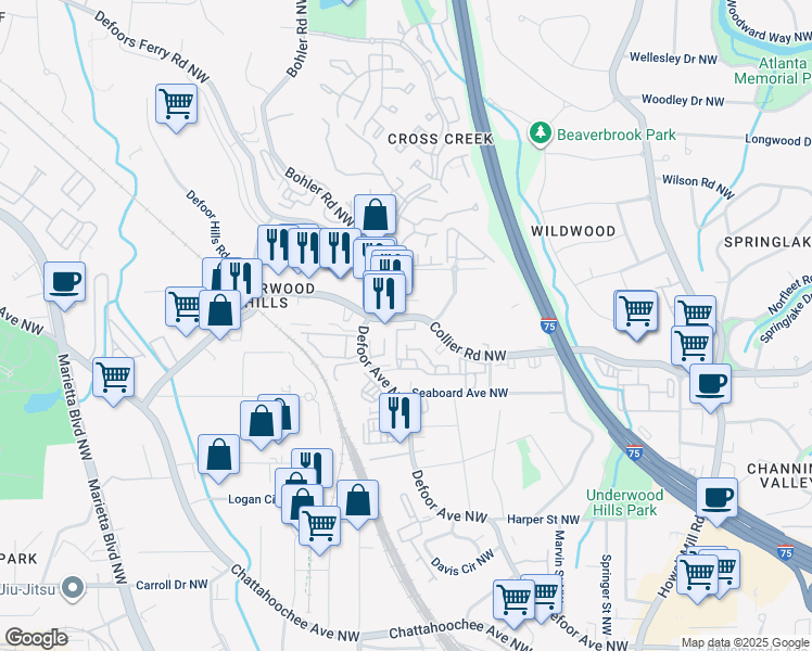 map of restaurants, bars, coffee shops, grocery stores, and more near 1175 Collier Road Northwest in Atlanta