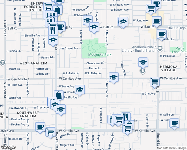 map of restaurants, bars, coffee shops, grocery stores, and more near 1944 West Lullaby Lane in Anaheim