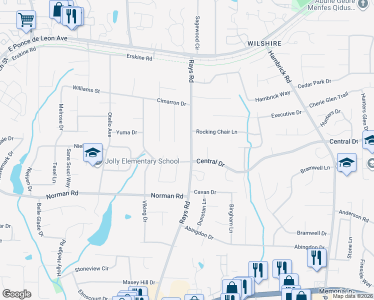 map of restaurants, bars, coffee shops, grocery stores, and more near 1094 Rays Road in Stone Mountain