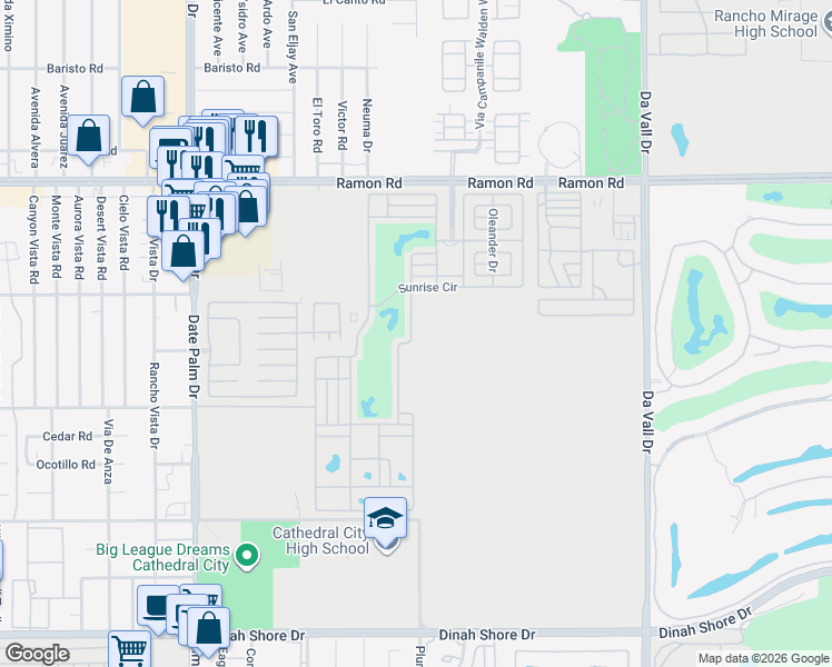 map of restaurants, bars, coffee shops, grocery stores, and more near 69411 Ramon Road in Cathedral City