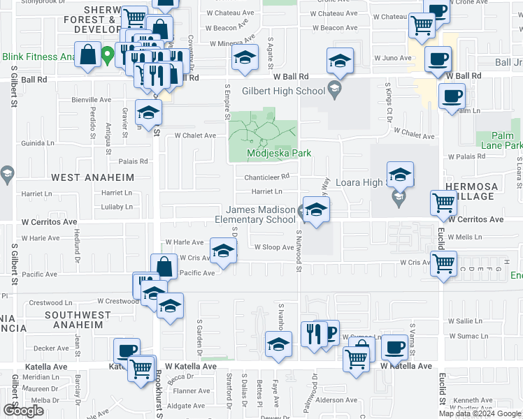 map of restaurants, bars, coffee shops, grocery stores, and more near 1944 West Lullaby Lane in Anaheim