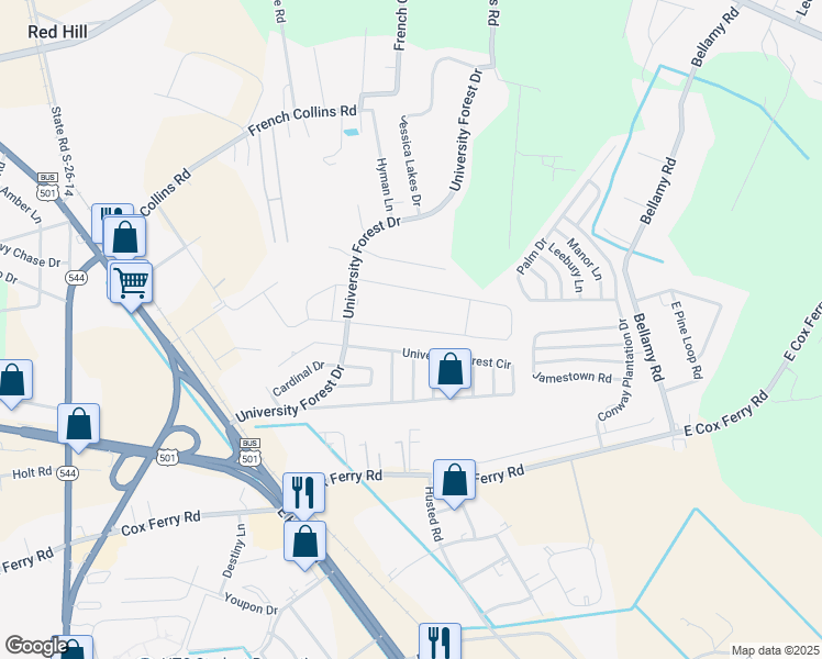 map of restaurants, bars, coffee shops, grocery stores, and more near 275 Palm Terrace Loop in Conway