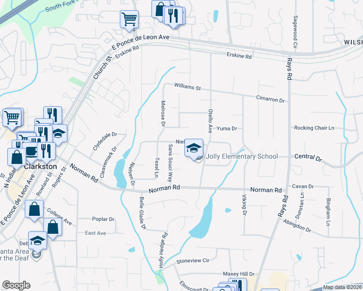 map of restaurants, bars, coffee shops, grocery stores, and more near 1181 Nielsen Drive in Clarkston
