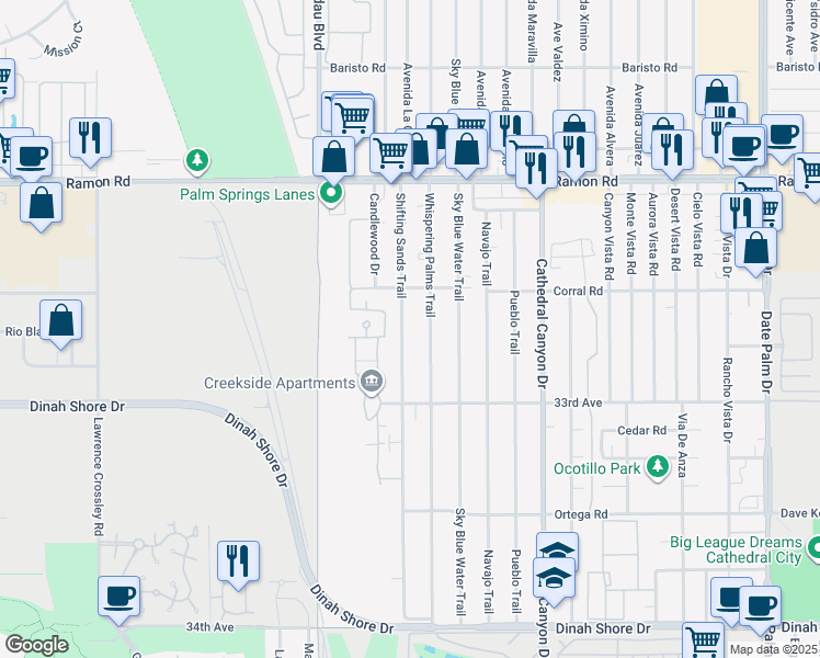 map of restaurants, bars, coffee shops, grocery stores, and more near 32660 Shifting Sands Trail in Cathedral City