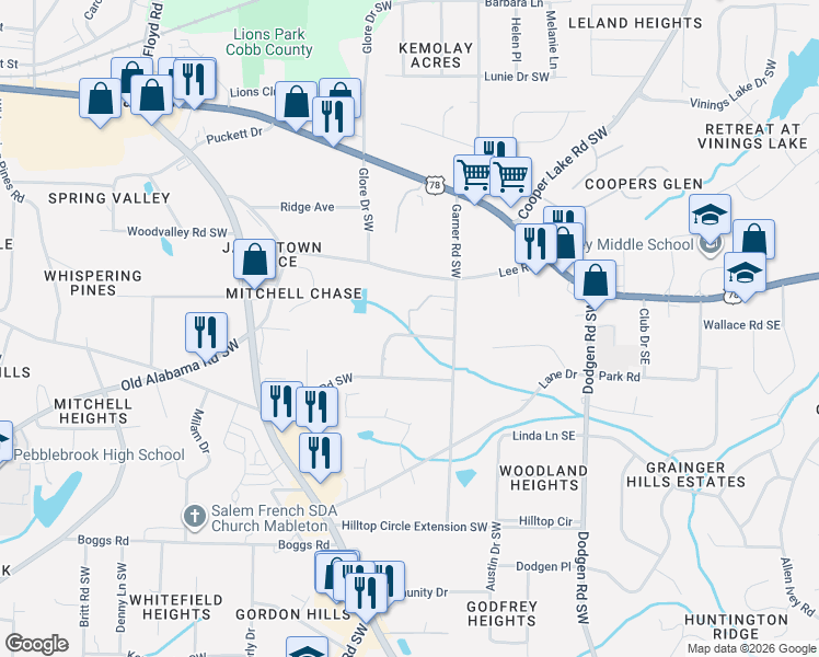 map of restaurants, bars, coffee shops, grocery stores, and more near 5851 Lone Oak Drive Southwest in Mableton