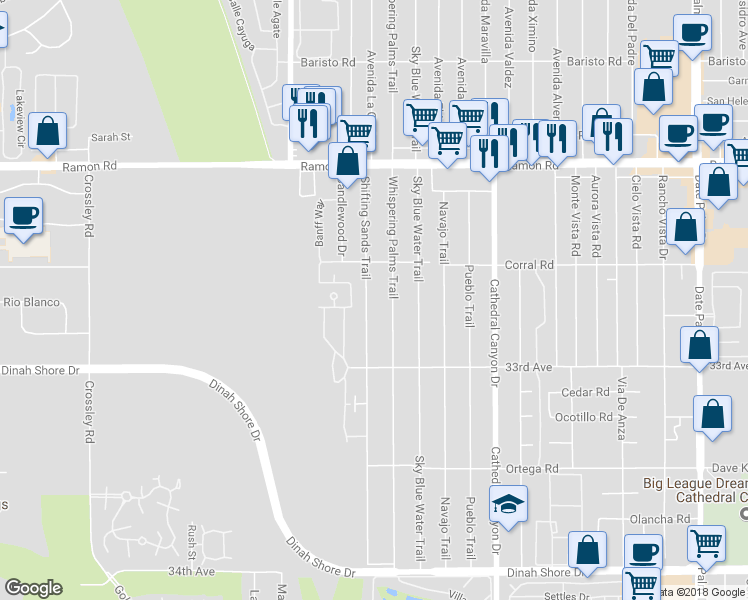map of restaurants, bars, coffee shops, grocery stores, and more near 32660 Shifting Sands Trail in Cathedral City