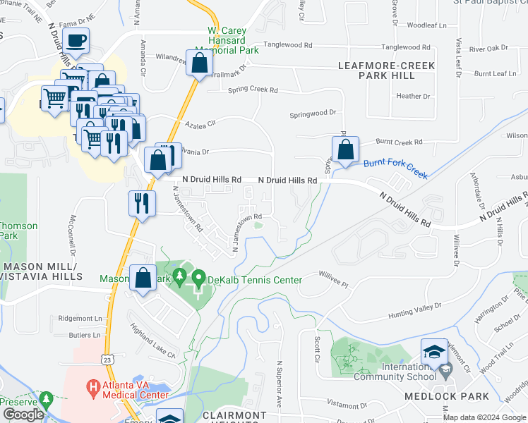 map of restaurants, bars, coffee shops, grocery stores, and more near 1017 North Jamestown Road in Decatur