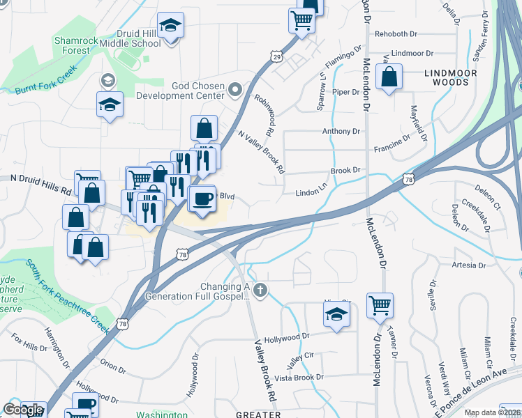 map of restaurants, bars, coffee shops, grocery stores, and more near 2064 Brian Way in Decatur