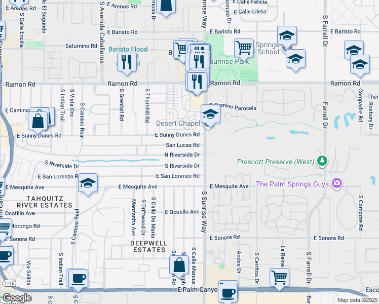 map of restaurants, bars, coffee shops, grocery stores, and more near 1572 North Riverside Drive in Palm Springs