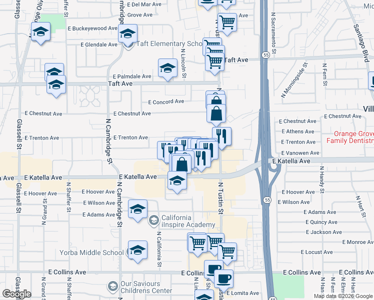 map of restaurants, bars, coffee shops, grocery stores, and more near 1540 East Trenton Avenue in Orange
