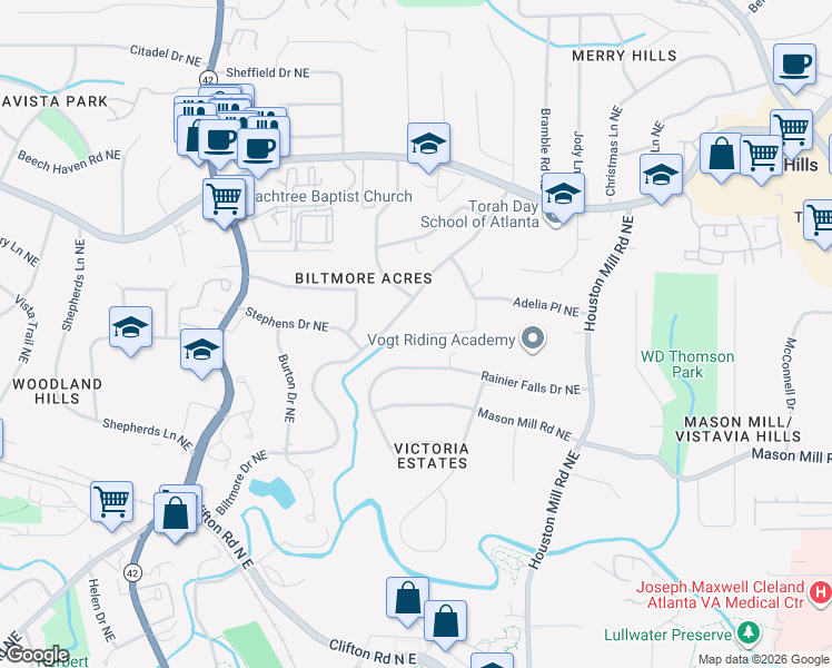 map of restaurants, bars, coffee shops, grocery stores, and more near 1106 Rogeretta Drive Northeast in Atlanta