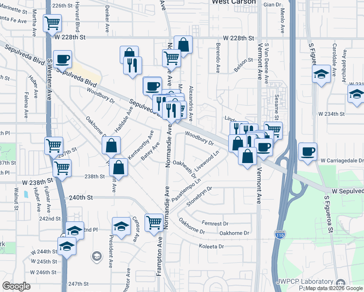 map of restaurants, bars, coffee shops, grocery stores, and more near 23603 Pineforest Lane in West Carson