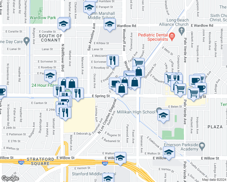 map of restaurants, bars, coffee shops, grocery stores, and more near 5854 East Adderley Drive in Long Beach