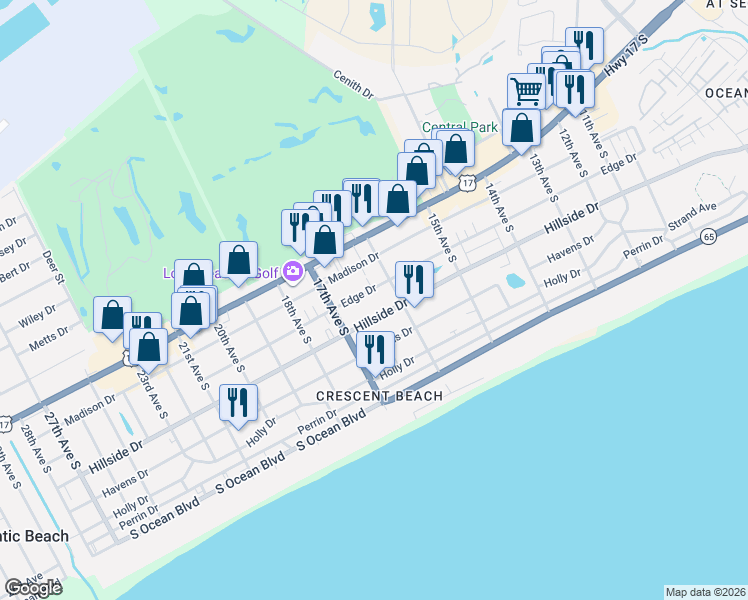 map of restaurants, bars, coffee shops, grocery stores, and more near 609 16th Avenue South in North Myrtle Beach