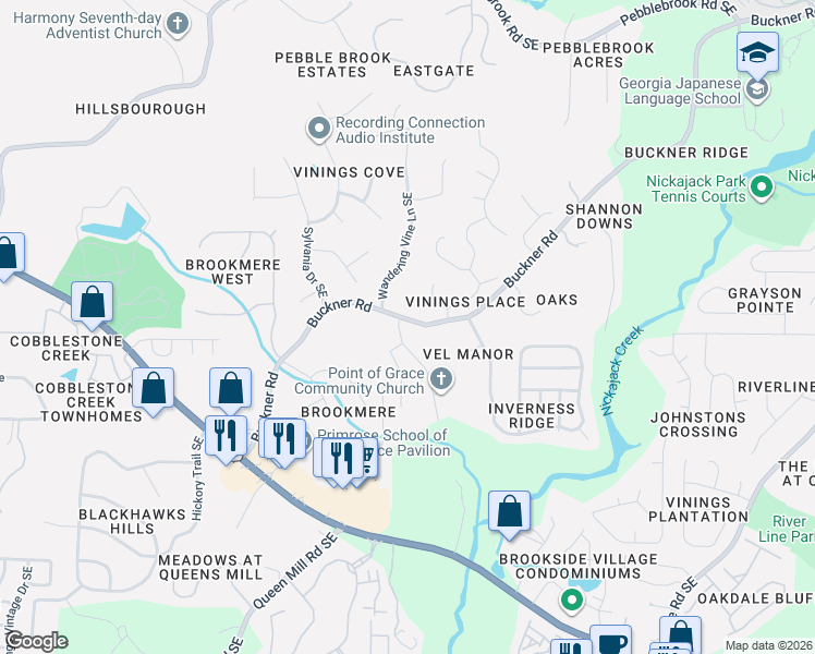 map of restaurants, bars, coffee shops, grocery stores, and more near 1065 Buckner Road in Mableton