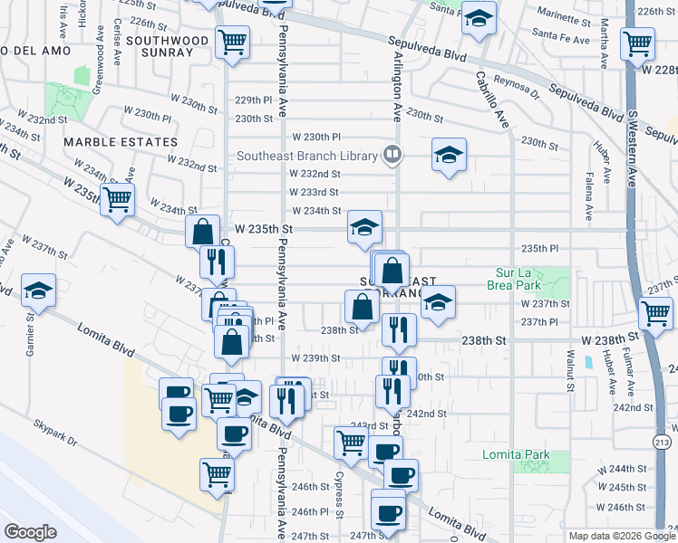map of restaurants, bars, coffee shops, grocery stores, and more near 2302 West 236th Street in Torrance