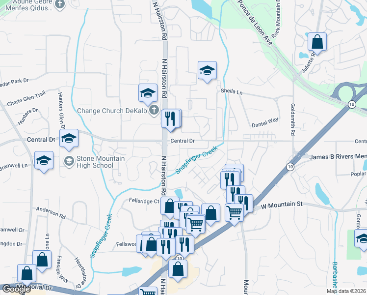 map of restaurants, bars, coffee shops, grocery stores, and more near 1075 North Hairston Road in Stone Mountain